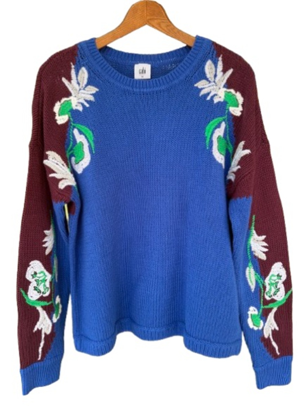 CAbi Women’s Vineyard Pullover Blue Crewneck Sweater Size M Embroidered 4859